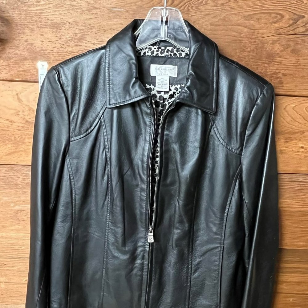 Black Leather Jacket - Kim Rogers - Petite small - Leopard limned - Women's
